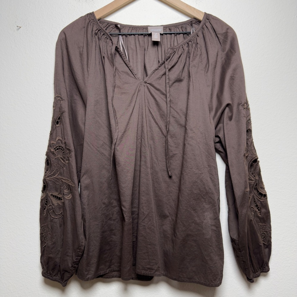 Chico's Womens 100% Cotton Top Large Brown Embroidered Eyelet Sle 2eve Peasant